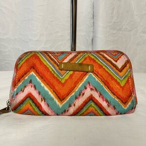 DENA Colorful Chevron Pattern Clutch zip around canvas and leather trim wallet